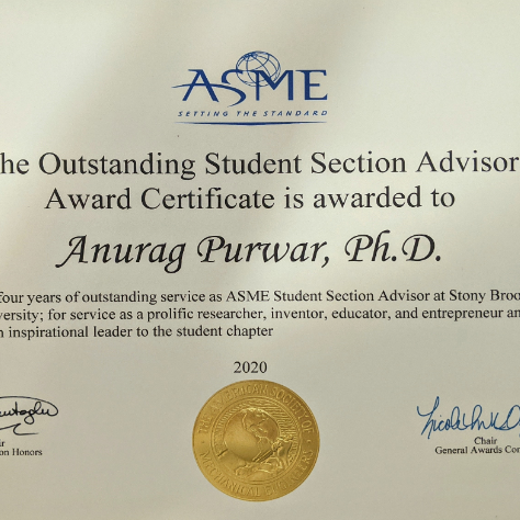 Prof. Purwar Receives ASME Outstanding Student Section Advisor Award